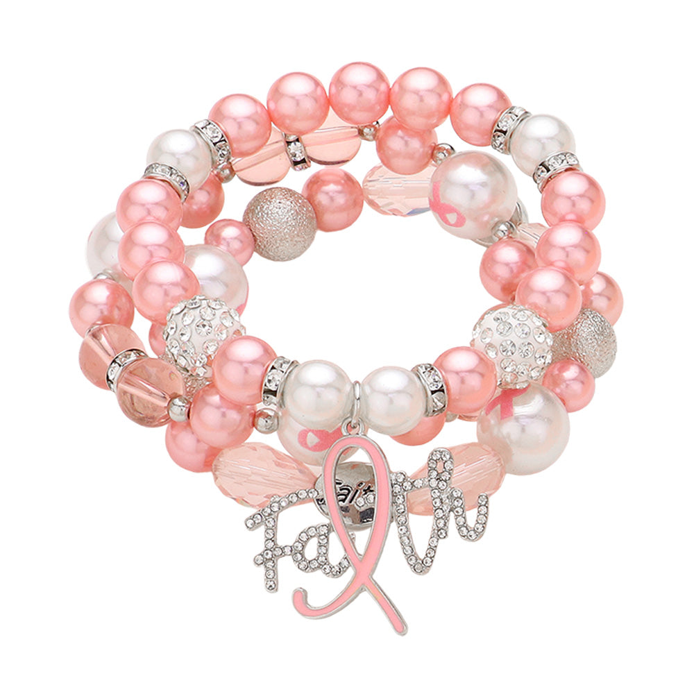 iLLASPARKZ 3PCS - Stone Paved Pink Ribbon FAITH Message Charm Shamballa Ball Pointed Pearl Beaded Stretch Multi Layered Bracelets