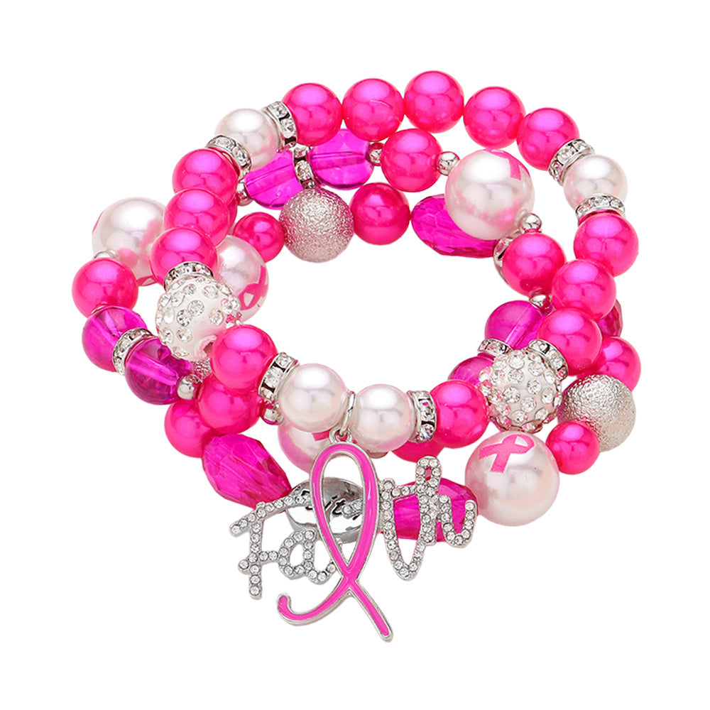 iLLASPARKZ 3PCS - Stone Paved Pink Ribbon FAITH Message Charm Shamballa Ball Pointed Pearl Beaded Stretch Multi Layered Bracelets