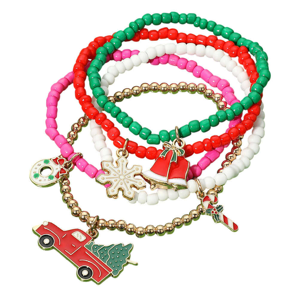 iLLASPARKZ 5PCS - Christmas Tree Truck Wreath Snowflake Candy Cane Charm Stretch Beaded Multi Layered Bracelets