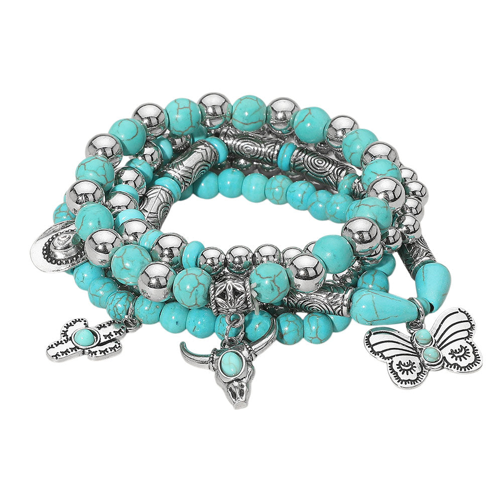 iLLASPARKZ Boho Western Steer Head Cowboy Hat Butterfly Totem Charm Beaded Stretch Multi Layered Bracelet
