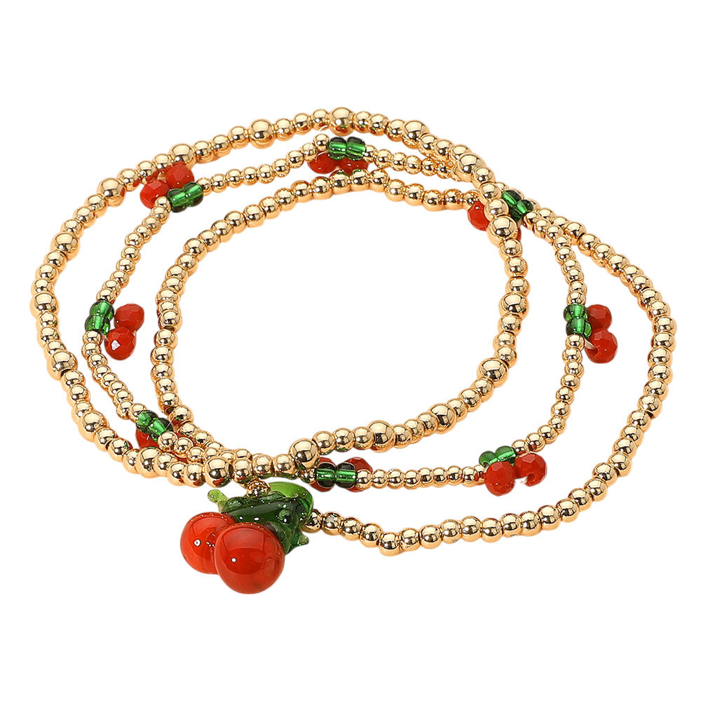 iLLASPARKZ 3PCS - Cherry Charm Beaded Stretch Multi Layered Bracelets