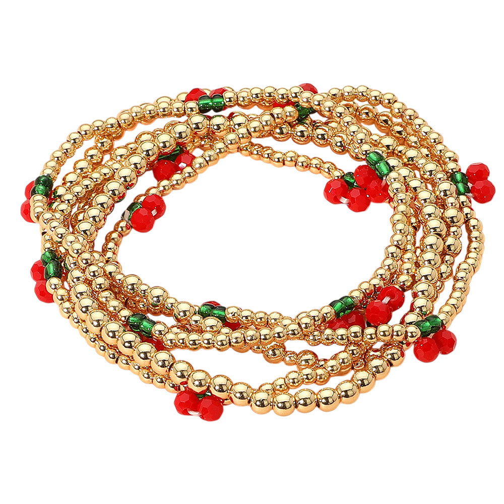 iLLASPARKZ 6PCS - Cherry Charm Beaded Stretch Multi Layered Bracelets