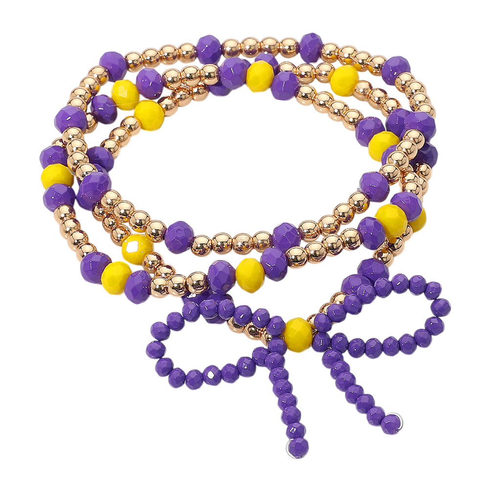iLLASPARKZ 3PCS - Sports Team Theme Colored Bow Accent Faceted Beaded Stretch Multi Layered Bracelets