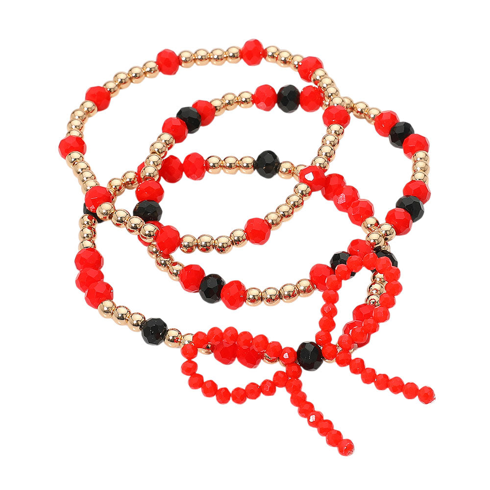 iLLASPARKZ 3PCS - Sports Team Theme Colored Bow Accent Faceted Beaded Stretch Multi Layered Bracelets