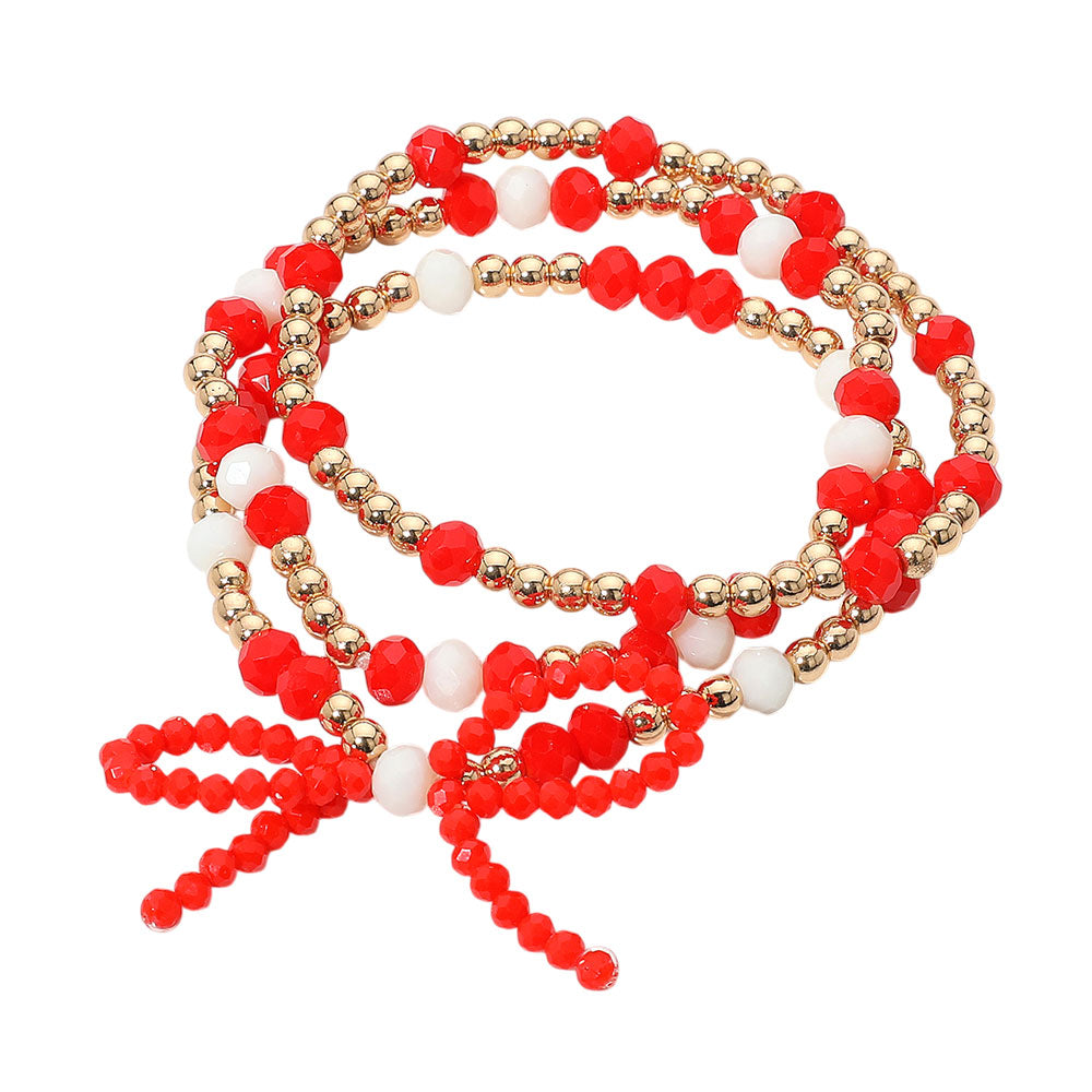 iLLASPARKZ 3PCS - Sports Team Theme Colored Bow Accent Faceted Beaded Stretch Multi Layered Bracelets