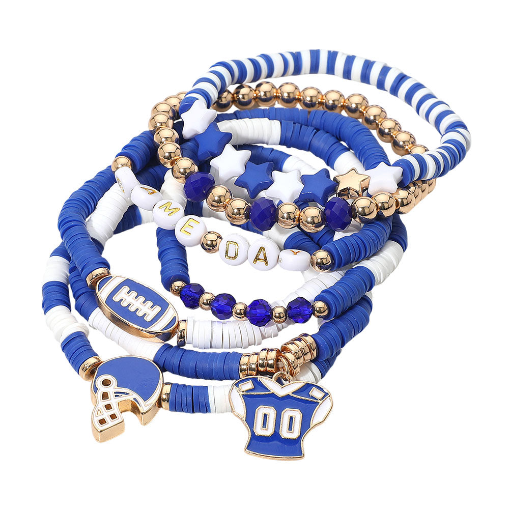 iLLASPARKZ 7PCS - Football Charm Star GAME DAY Message Heishi Beaded Stretch Multi Layered Bracelets