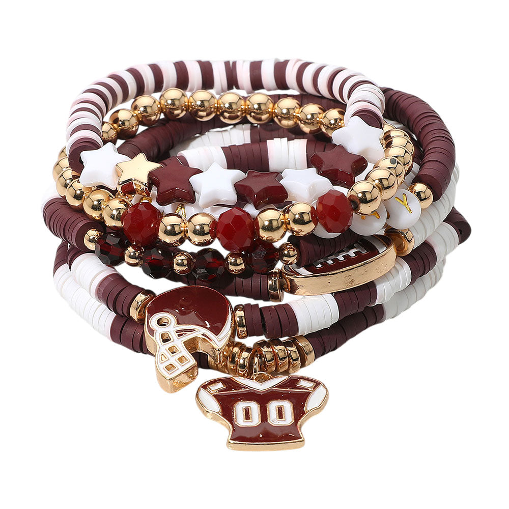 iLLASPARKZ 7PCS - Football Charm Star GAME DAY Message Heishi Beaded Stretch Multi Layered Bracelets