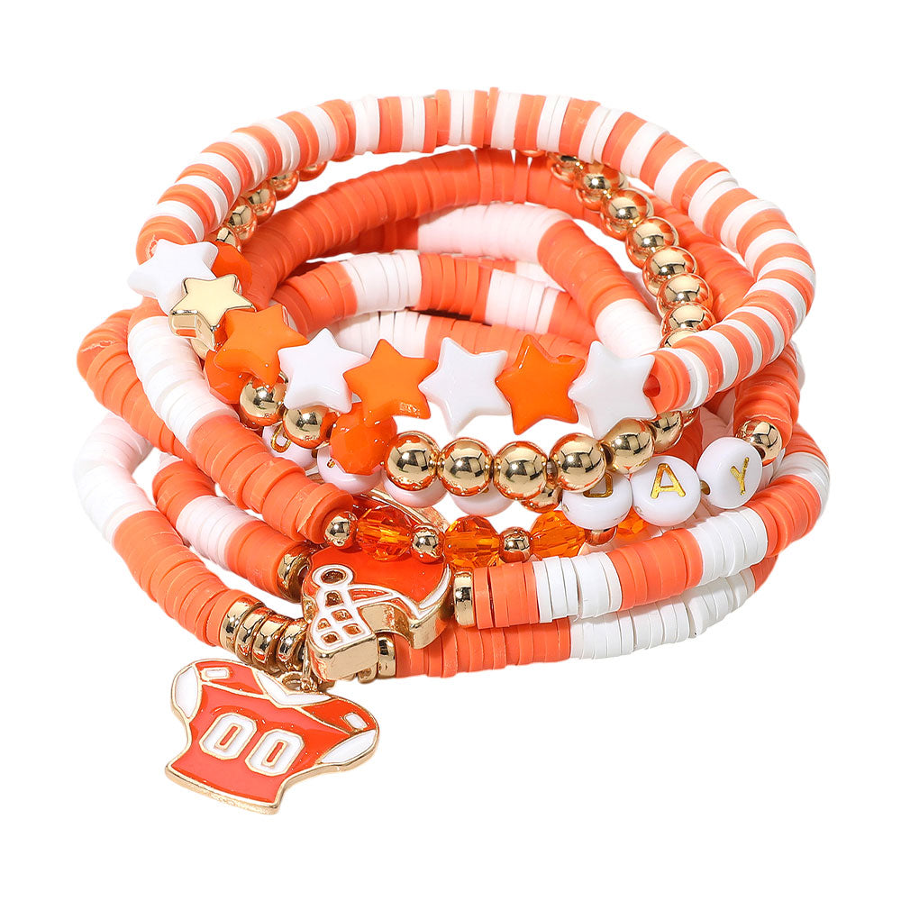 iLLASPARKZ 7PCS - Football Charm Star GAME DAY Message Heishi Beaded Stretch Multi Layered Bracelets