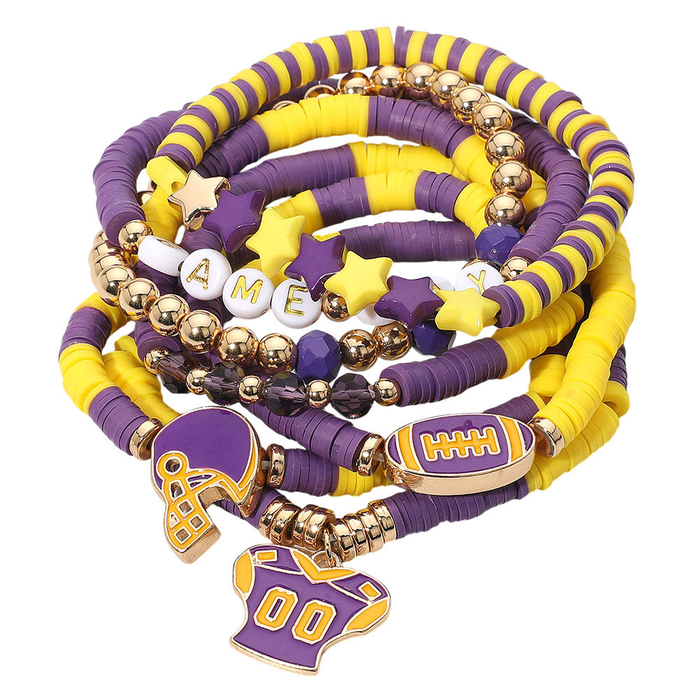 iLLASPARKZ 7PCS - Football Charm Star GAME DAY Message Heishi Beaded Stretch Multi Layered Bracelets