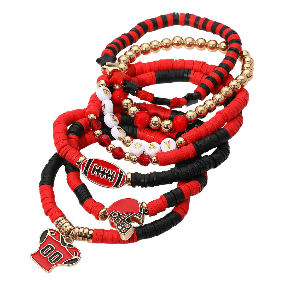 iLLASPARKZ 7PCS - Football Charm Star GAME DAY Message Heishi Beaded Stretch Multi Layered Bracelets