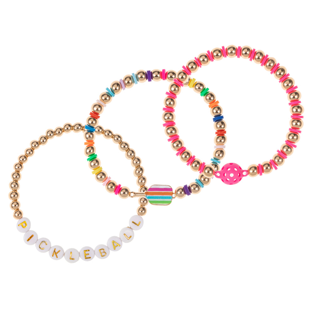iLLASPARKZ 3PCS - Enamel Pickle Ball Message Paddle Beaded Stretch Multi Layered Bracelets