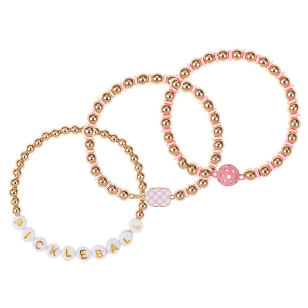 iLLASPARKZ 3PCS - Pickle Ball Message Enamel Pickle Ball Paddle Pointed Beaded Stretch Multi Layered Bracelets