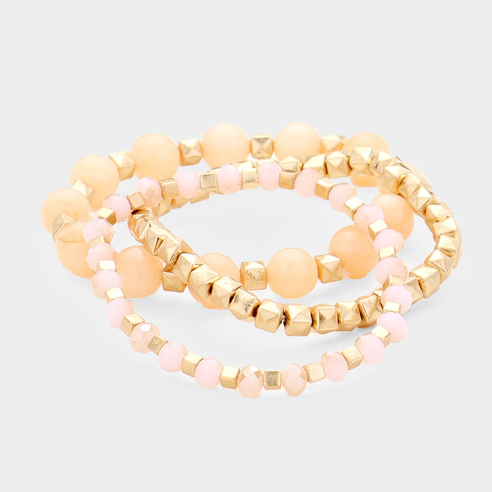 iLLASPARKZ 3PCS - Semi Precious Stone Metal Bead Stretch Bracelets