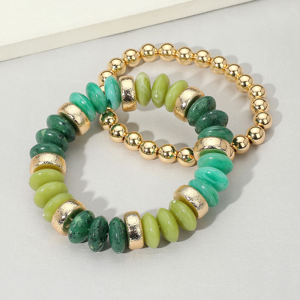 iLLASPARKZ 2PCS - Natural Stone Metal Ball Beaded Stretch Double Layered Bracelets
