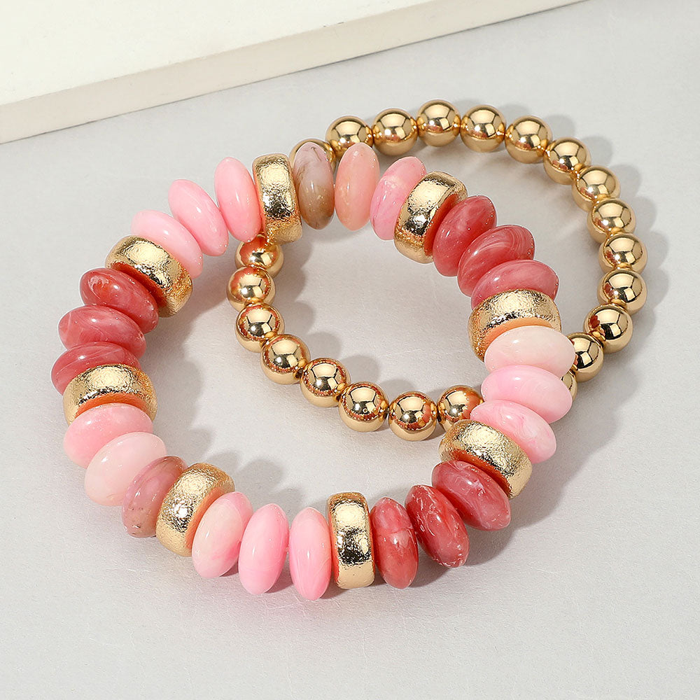 iLLASPARKZ 2PCS - Natural Stone Metal Ball Beaded Stretch Double Layered Bracelets