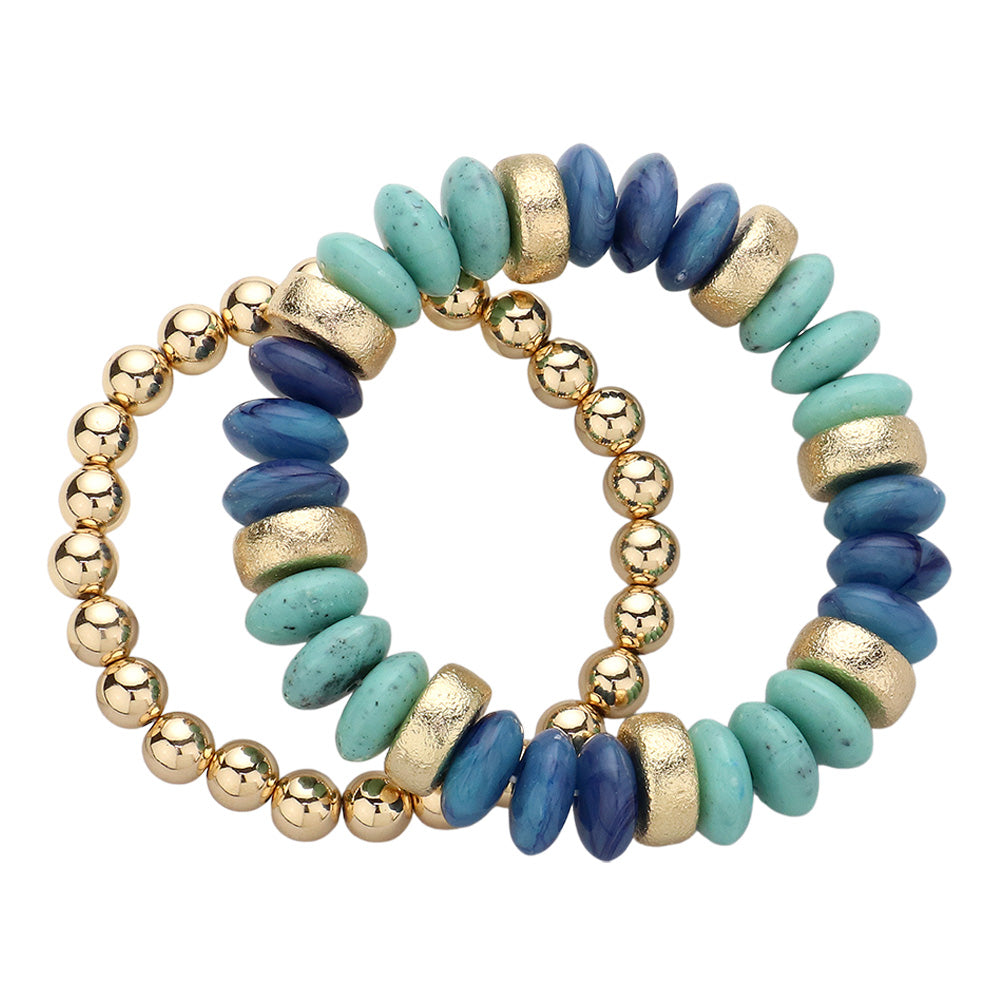 iLLASPARKZ 2PCS - Natural Stone Metal Ball Beaded Stretch Double Layered Bracelets
