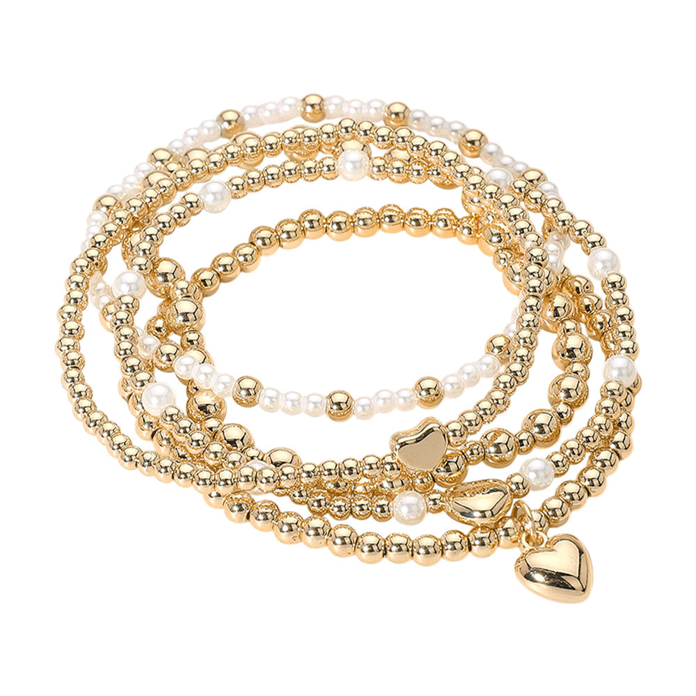 iLLASPARKZ 5PCS - Metal Heart Charm Pearl Ball Beaded Stretch Multi Layered Bracelets