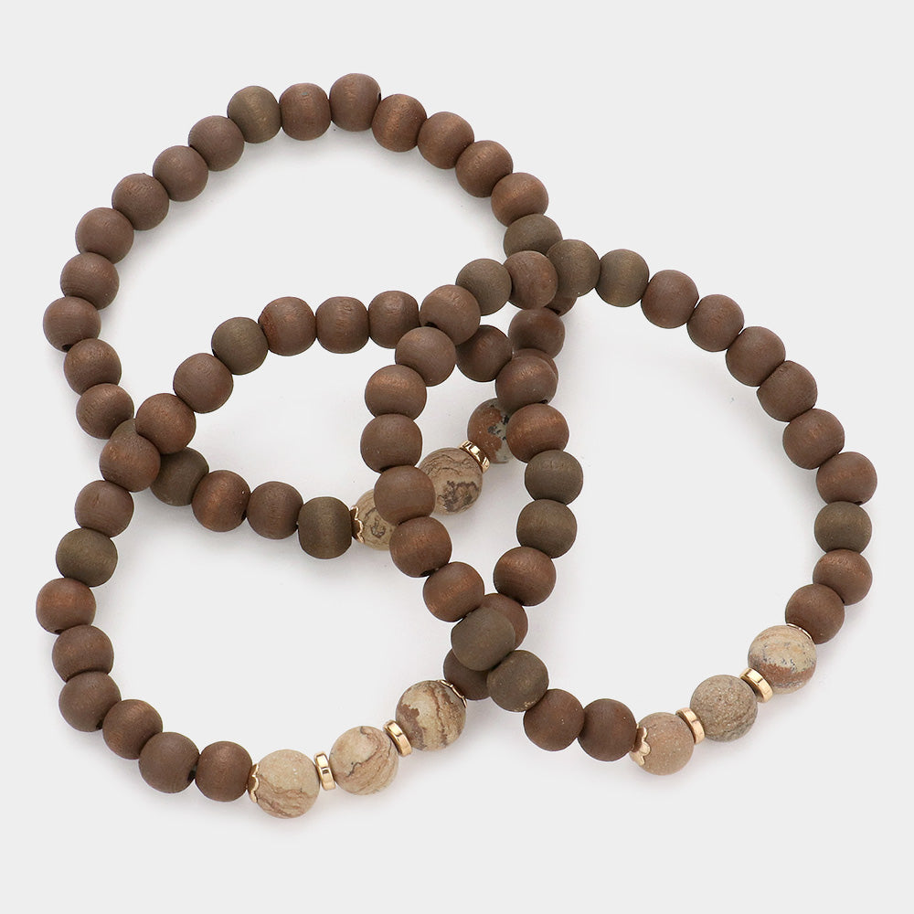 iLLASPARKZ 3PCS - Natural Stone Accented Wood Ball Stretch Bracelets