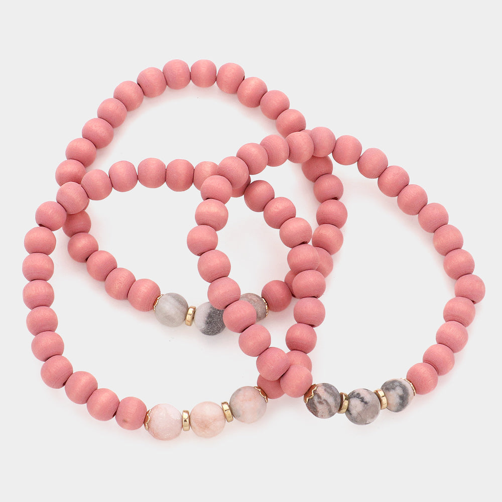 iLLASPARKZ 3PCS - Natural Stone Accented Wood Ball Stretch Bracelets