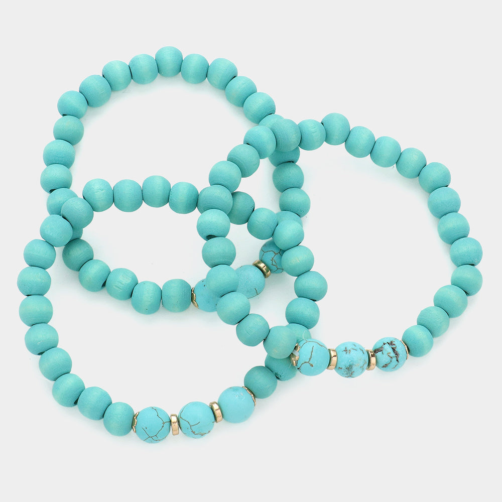 iLLASPARKZ 3PCS - Natural Stone Accented Wood Ball Stretch Bracelets