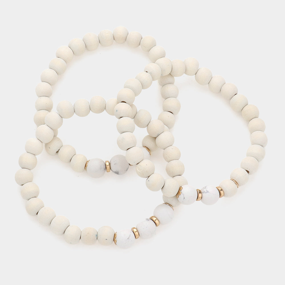 iLLASPARKZ 3PCS - Natural Stone Accented Wood Ball Stretch Bracelets