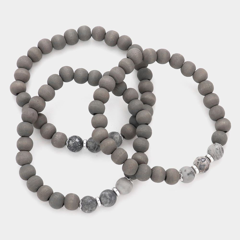 iLLASPARKZ 3PCS - Natural Stone Accented Wood Ball Stretch Bracelets