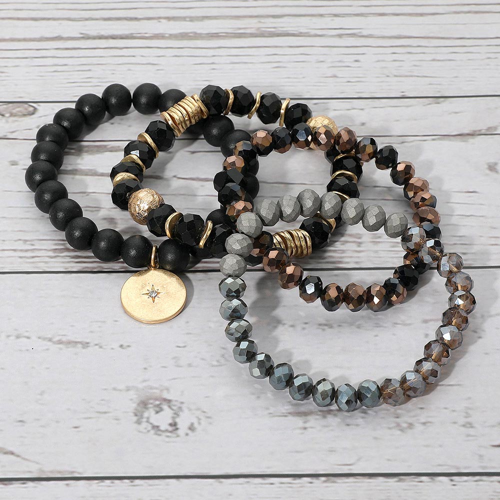 iLLASPARKZ 4PCS - North Star Accented Round Charm Wood Faceted Beaded Stretch Bracelets