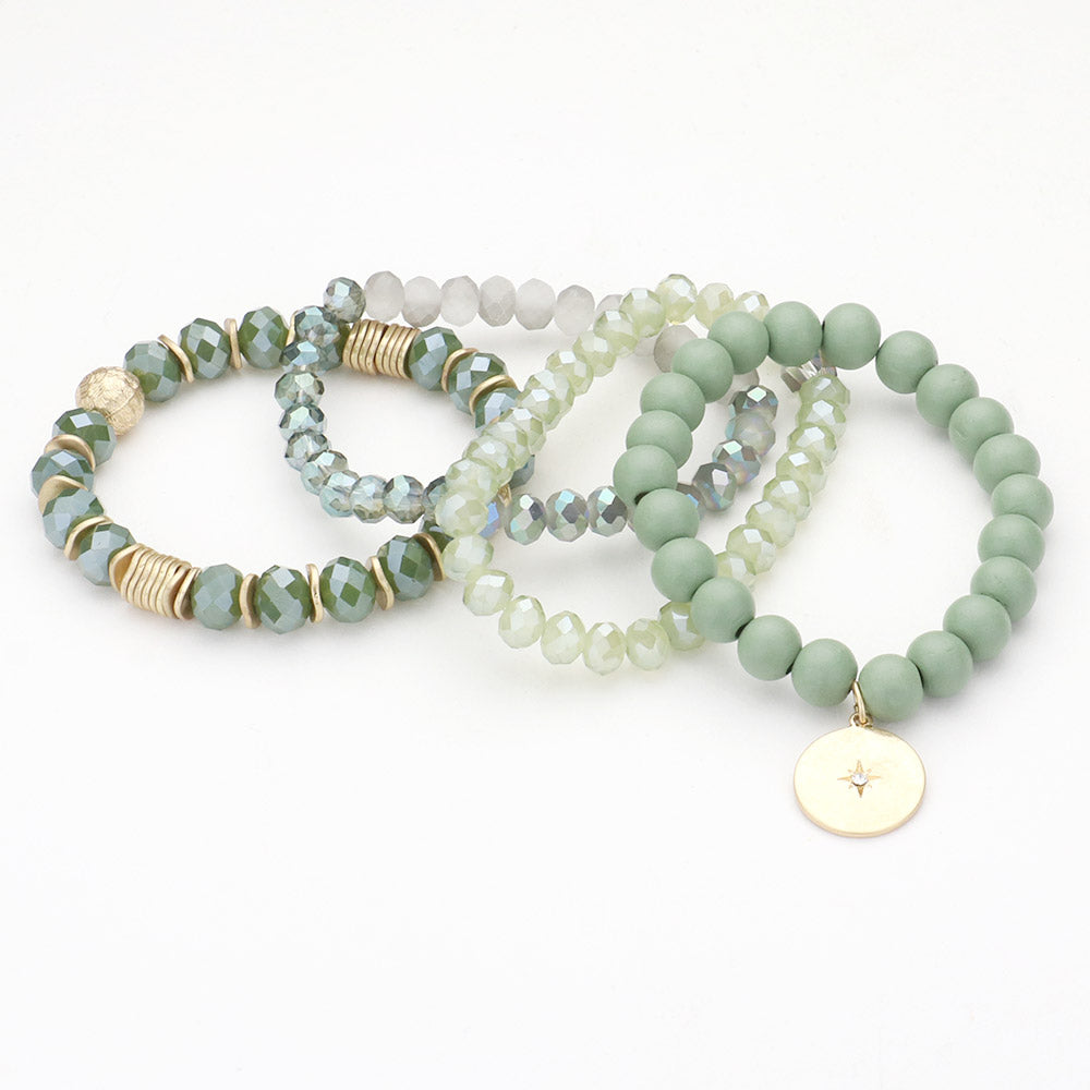 iLLASPARKZ 4PCS - North Star Accented Round Charm Wood Faceted Beaded Stretch Bracelets