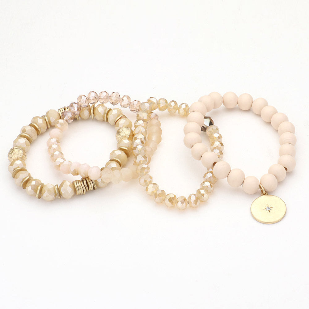 iLLASPARKZ 4PCS - North Star Accented Round Charm Wood Faceted Beaded Stretch Bracelets