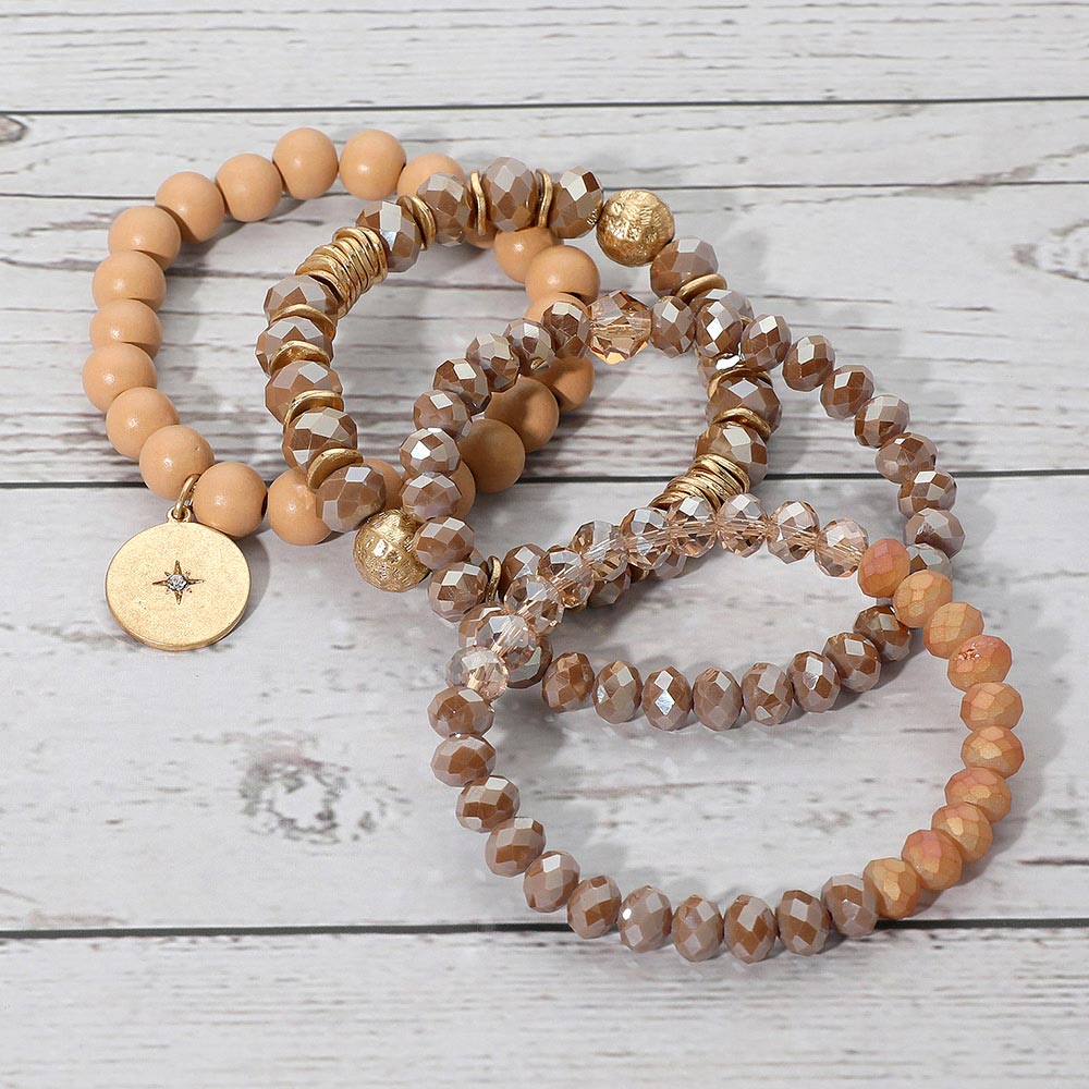 iLLASPARKZ 4PCS - North Star Accented Round Charm Wood Faceted Beaded Stretch Bracelets
