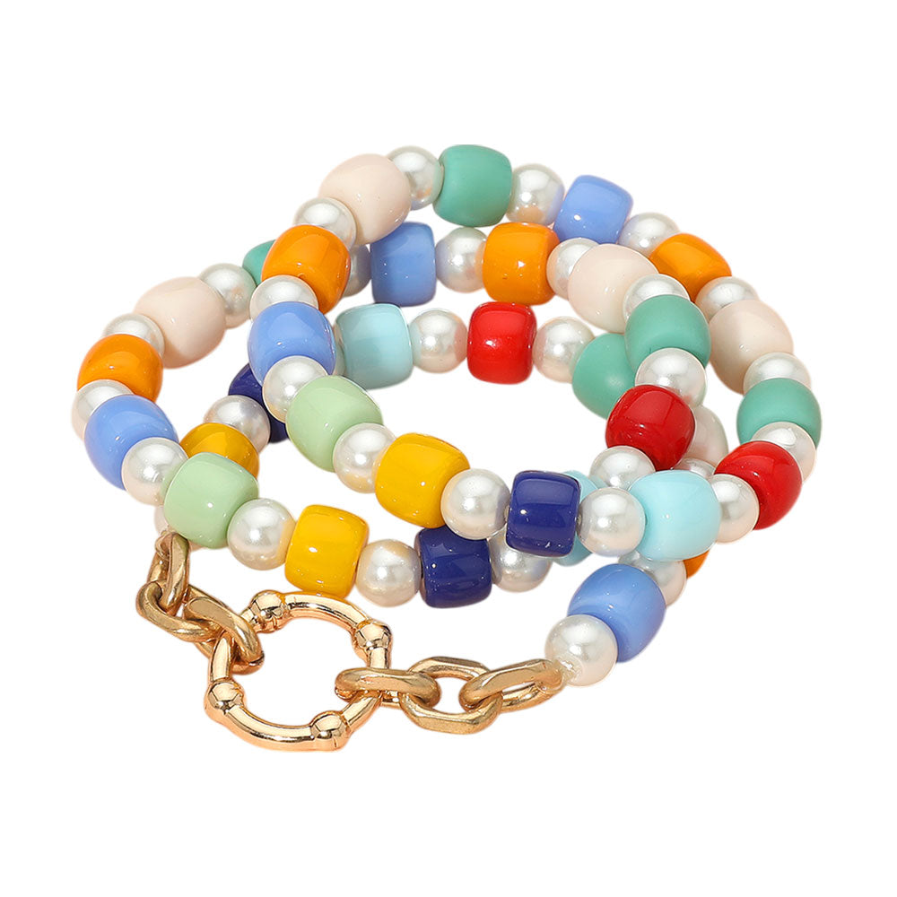 iLLASPARKZ 3PCS - Open Metal Circle Accented Pearl Resin Beaded Stretch Bracelets