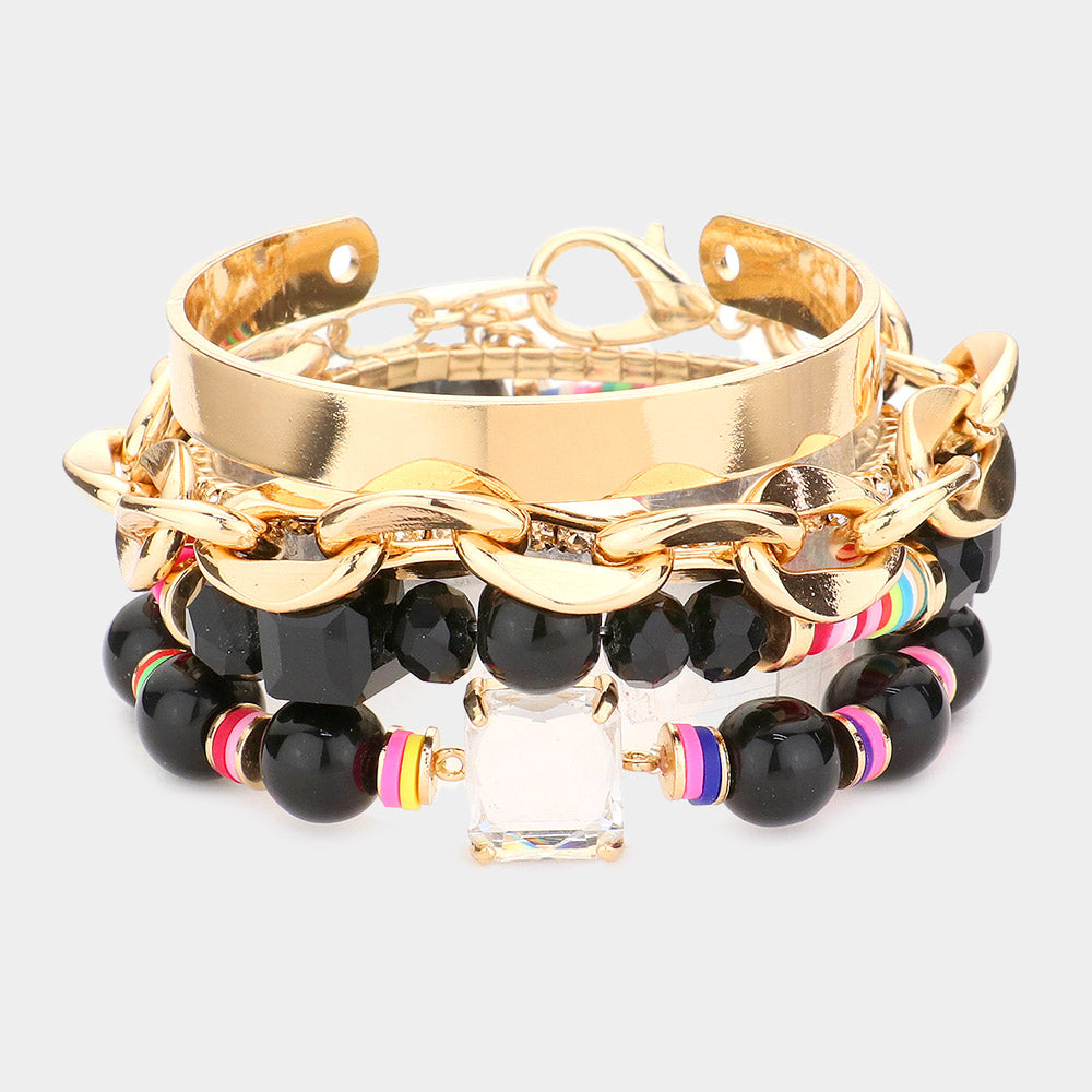 iLLASPARKZ 5PCS - Glass Stone Accented Metal Chain Link Beaded Bracelets and Metal Cuff
