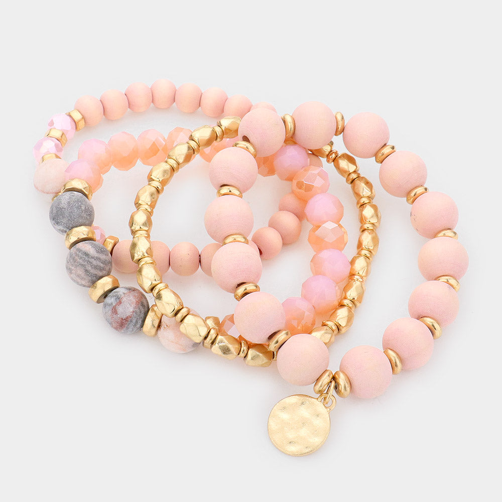 iLLASPARKZ 4PCS - Metal Disc Charm Semi Precious Wood Faceted Beaded Stretch Bracelets