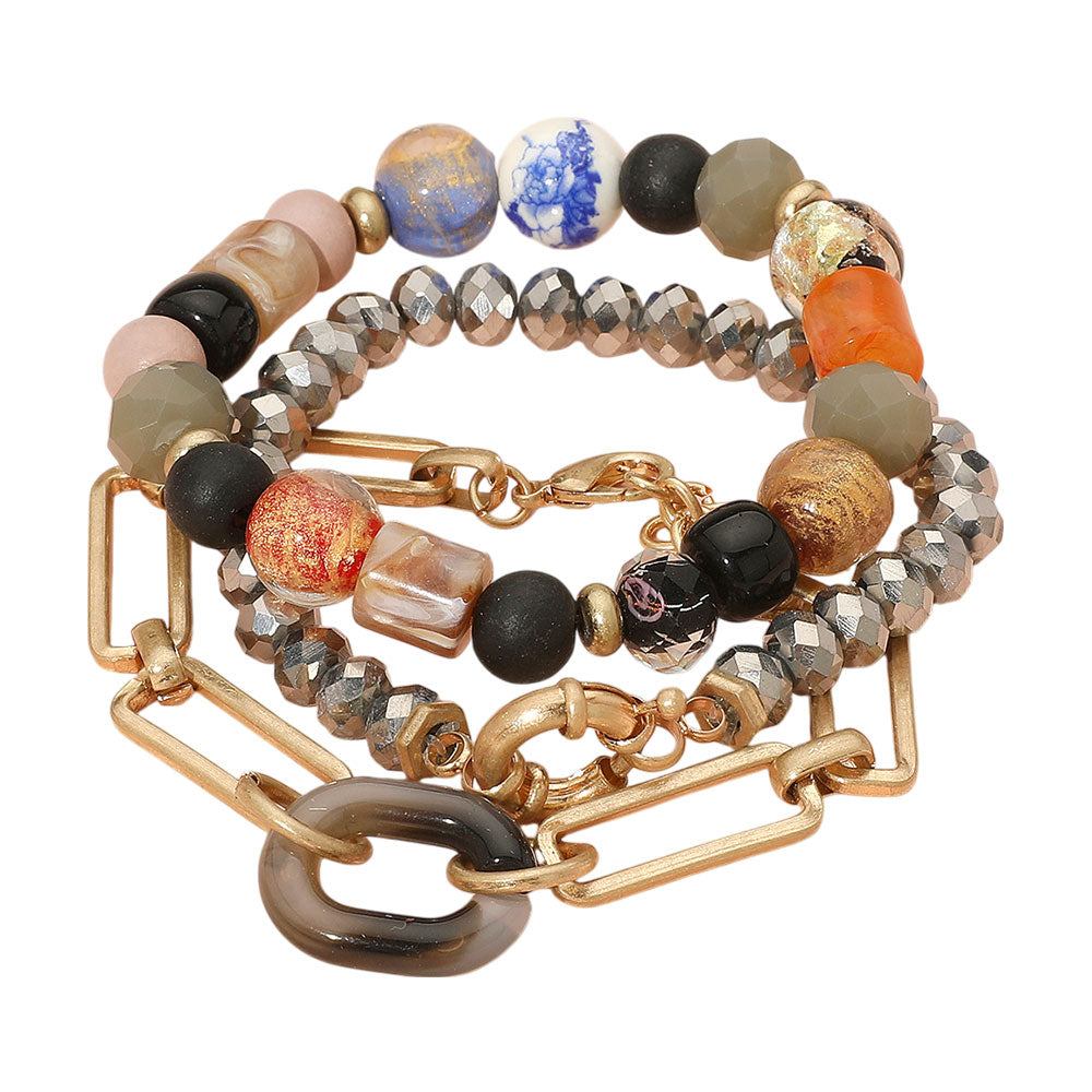 iLLASPARKZ 3PCS - Paperclip Metal Link Chain Faceted Beads Natural Stone Multi Layered Bracelets