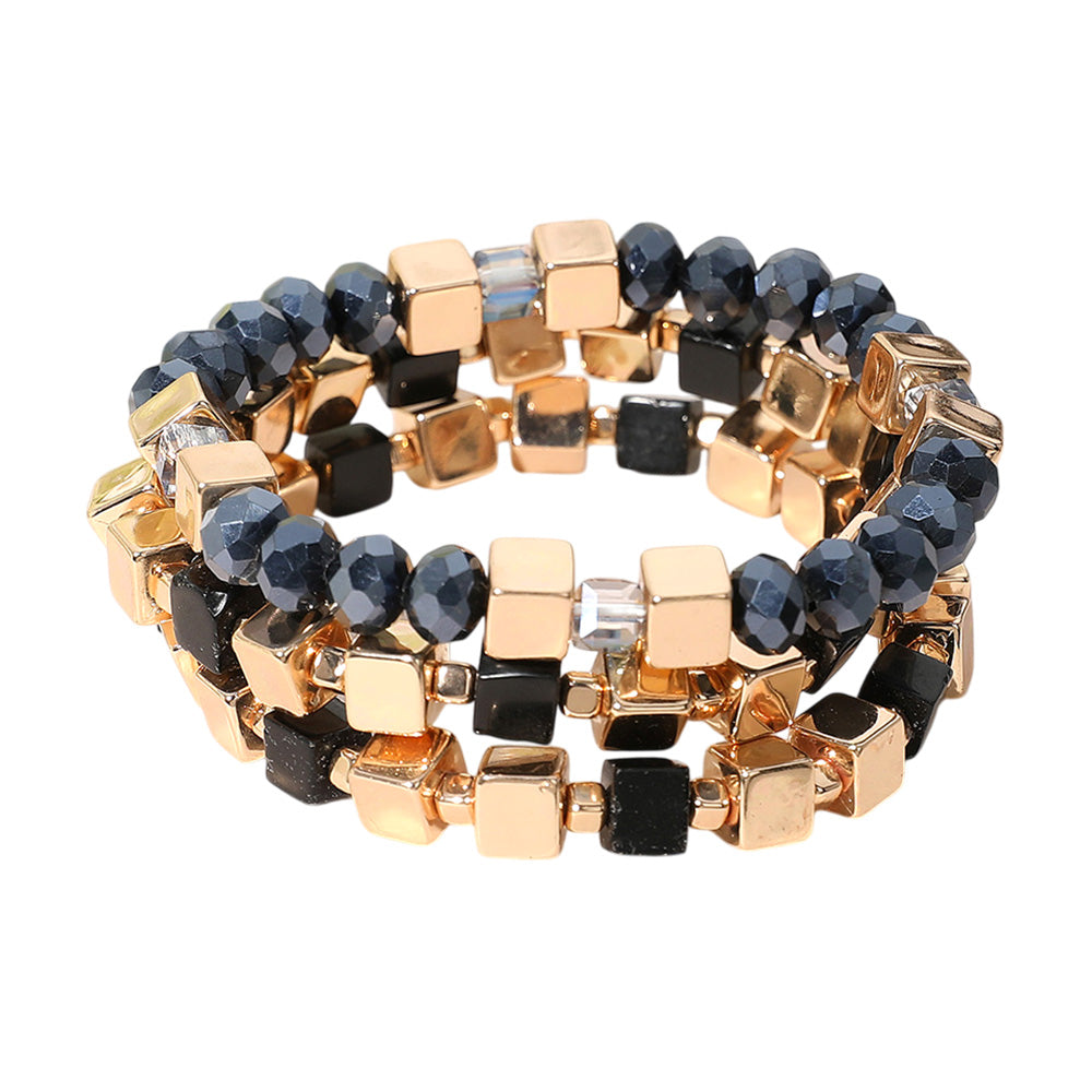 iLLASPARKZ 3PCS - Metal Cube Faceted Beaded Stretch Multi Layered Bracelets