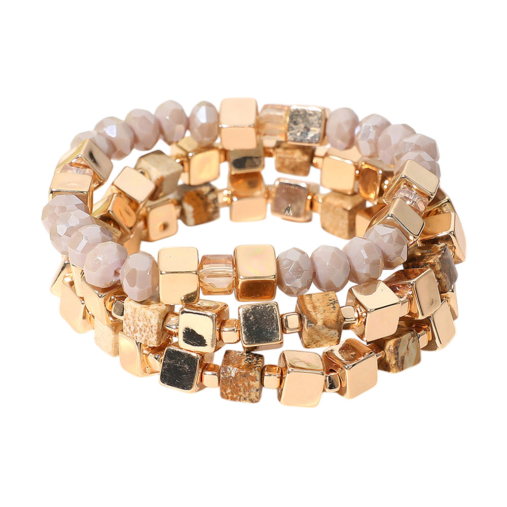 iLLASPARKZ 3PCS - Metal Cube Faceted Beaded Stretch Multi Layered Bracelets