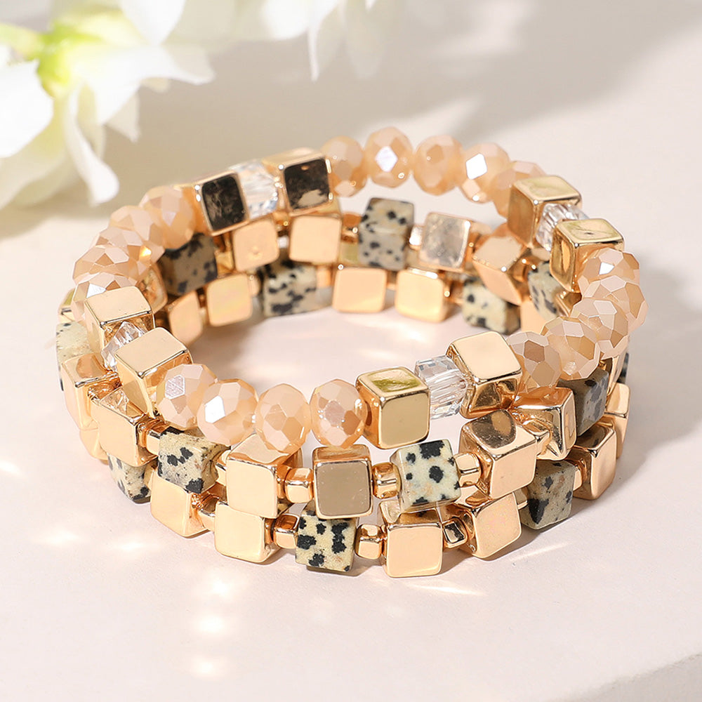 iLLASPARKZ 3PCS - Metal Cube Faceted Beaded Stretch Multi Layered Bracelets