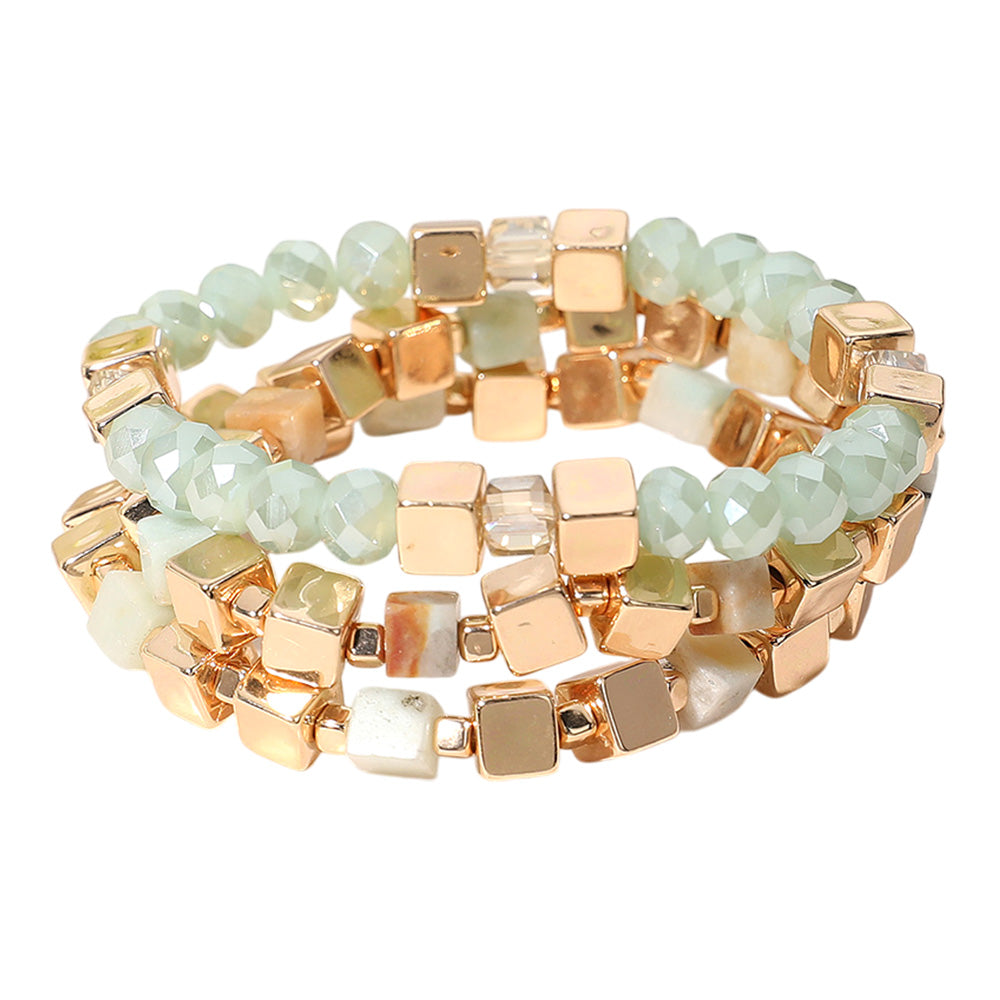 iLLASPARKZ 3PCS - Metal Cube Faceted Beaded Stretch Multi Layered Bracelets