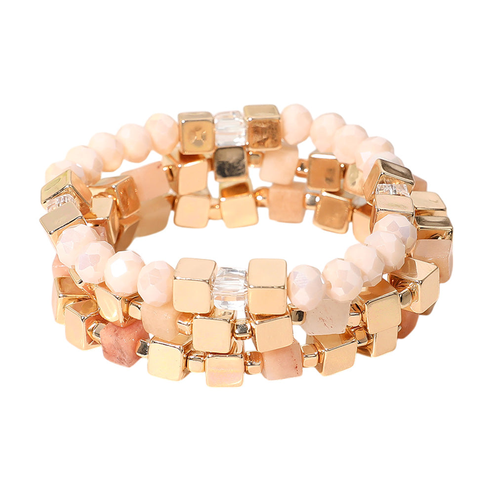 iLLASPARKZ 3PCS - Metal Cube Faceted Beaded Stretch Multi Layered Bracelets