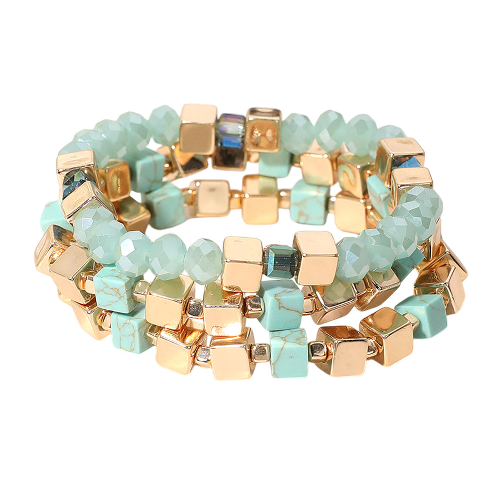 iLLASPARKZ 3PCS - Metal Cube Faceted Beaded Stretch Multi Layered Bracelets