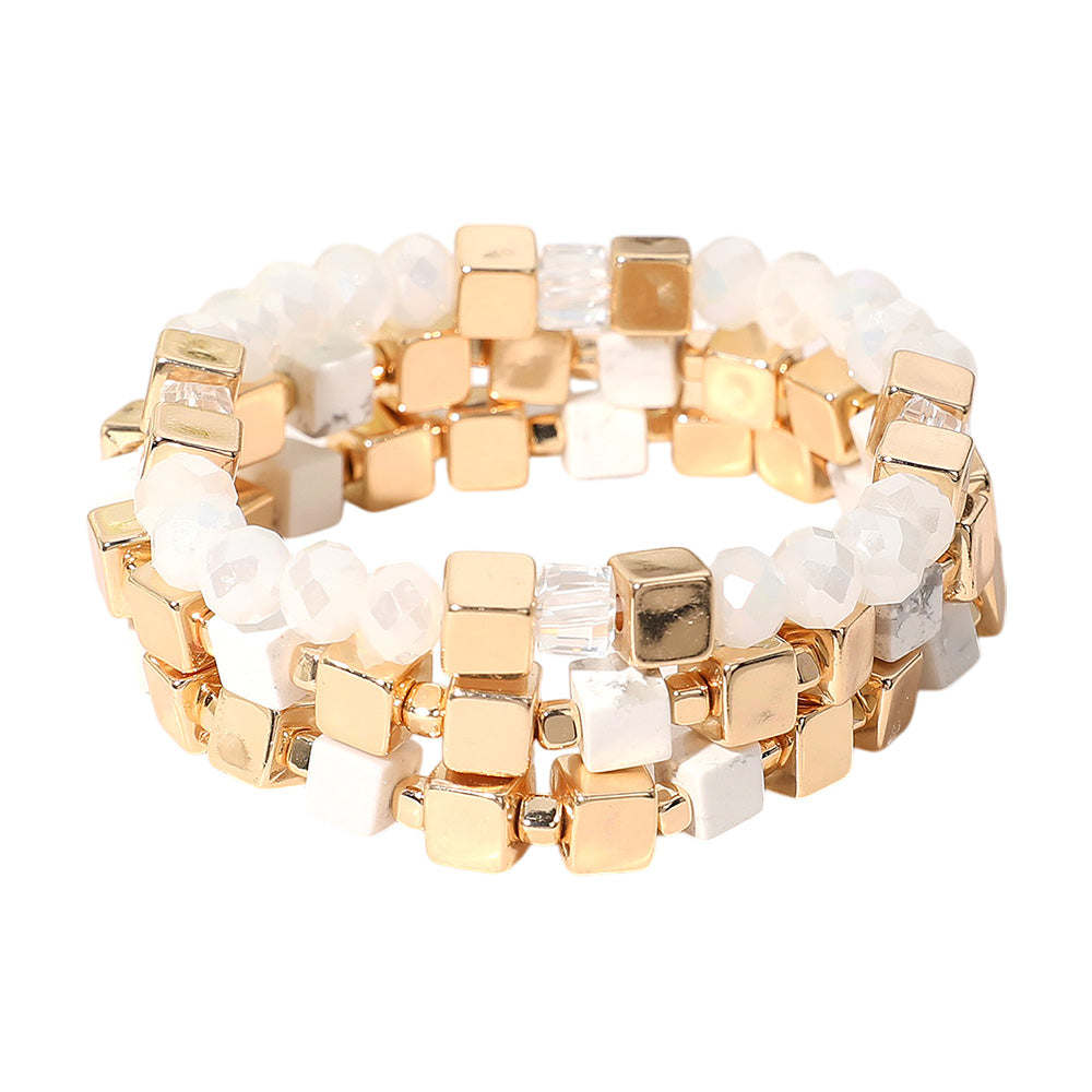 iLLASPARKZ 3PCS - Metal Cube Faceted Beaded Stretch Multi Layered Bracelets