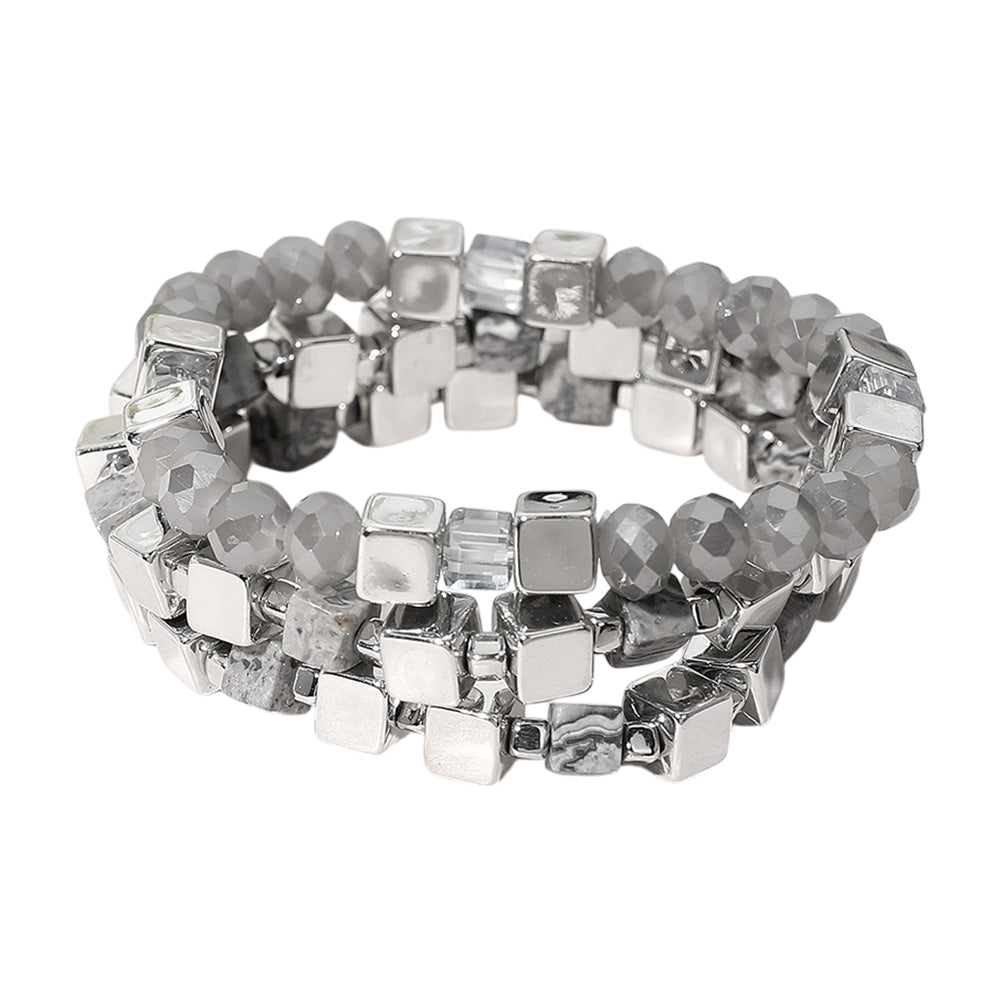 iLLASPARKZ 3PCS - Metal Cube Faceted Beaded Stretch Multi Layered Bracelets