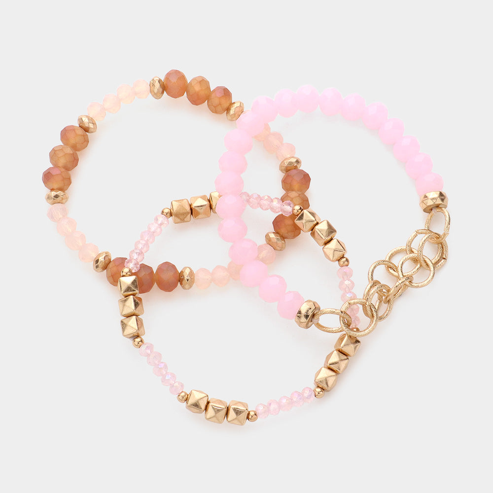 iLLASPARKZ 3PCS - Open Circle Link Metal Cube Faceted Beaded Stretch Bracelets