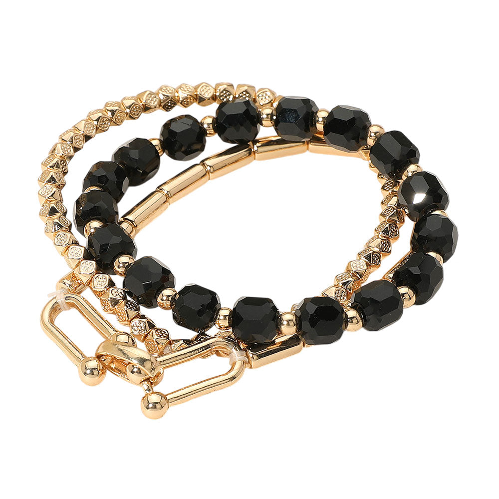 iLLASPARKZ 3PCS - Hardware Textured Metal Faceted Beaded Stretch Multi Layered Bracelets