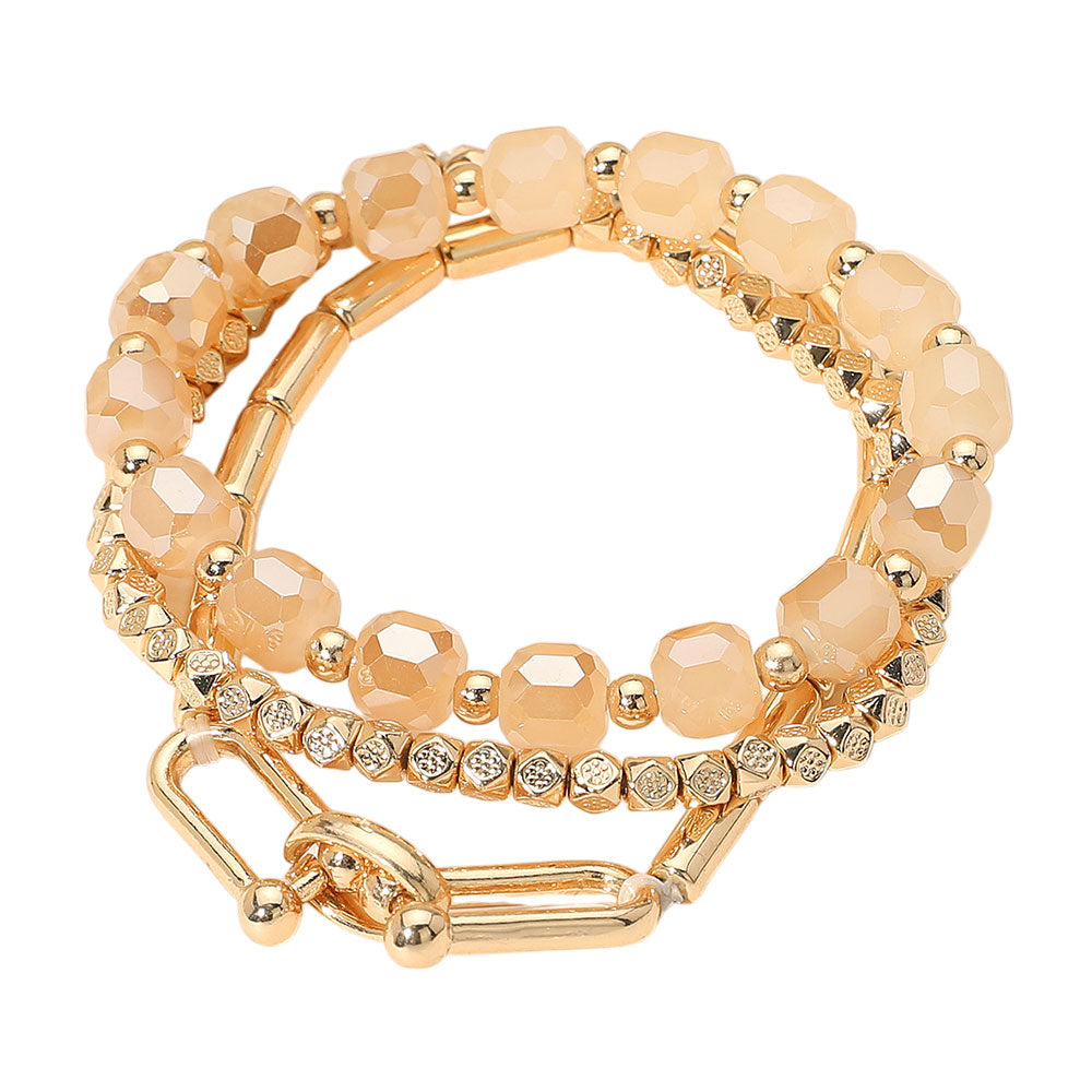 iLLASPARKZ 3PCS - Hardware Textured Metal Faceted Beaded Stretch Multi Layered Bracelets