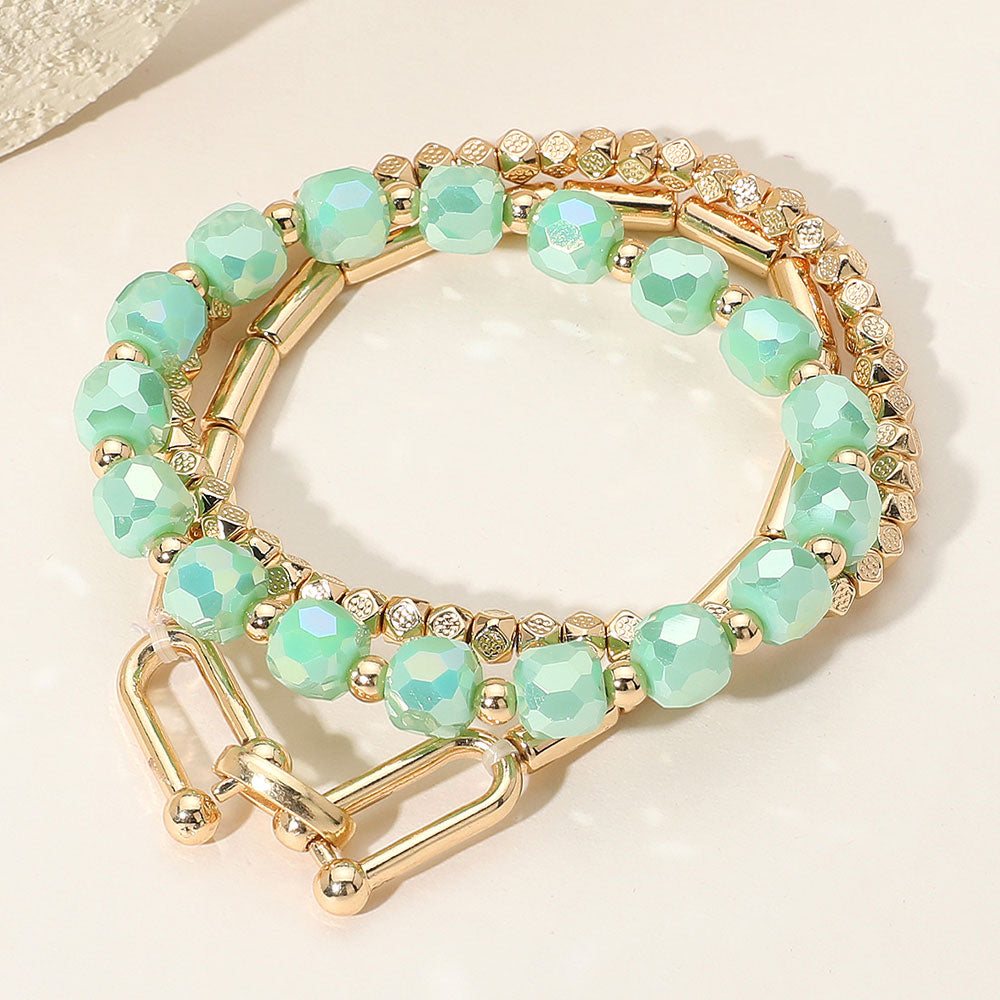 iLLASPARKZ 3PCS - Hardware Textured Metal Faceted Beaded Stretch Multi Layered Bracelets