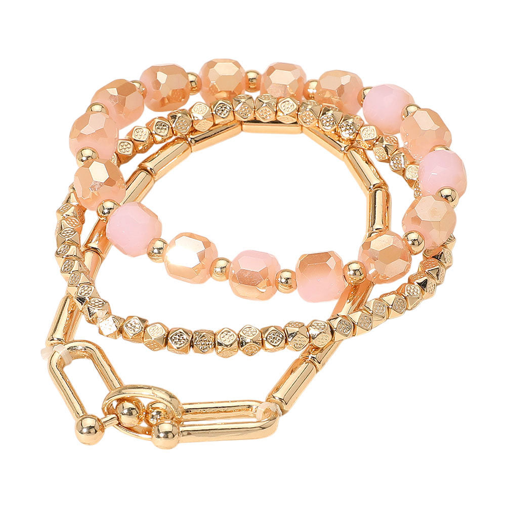 iLLASPARKZ 3PCS - Hardware Textured Metal Faceted Beaded Stretch Multi Layered Bracelets