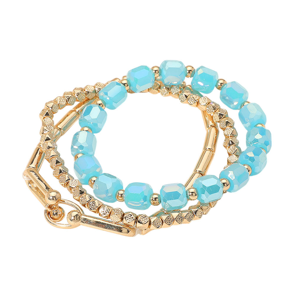 iLLASPARKZ 3PCS - Hardware Textured Metal Faceted Beaded Stretch Multi Layered Bracelets