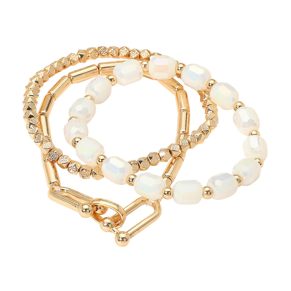 iLLASPARKZ 3PCS - Hardware Textured Metal Faceted Beaded Stretch Multi Layered Bracelets