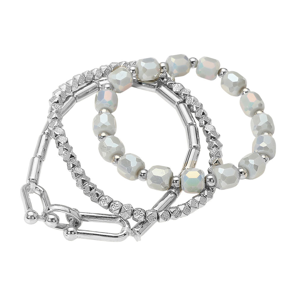 iLLASPARKZ 3PCS - Hardware Textured Metal Faceted Beaded Stretch Multi Layered Bracelets